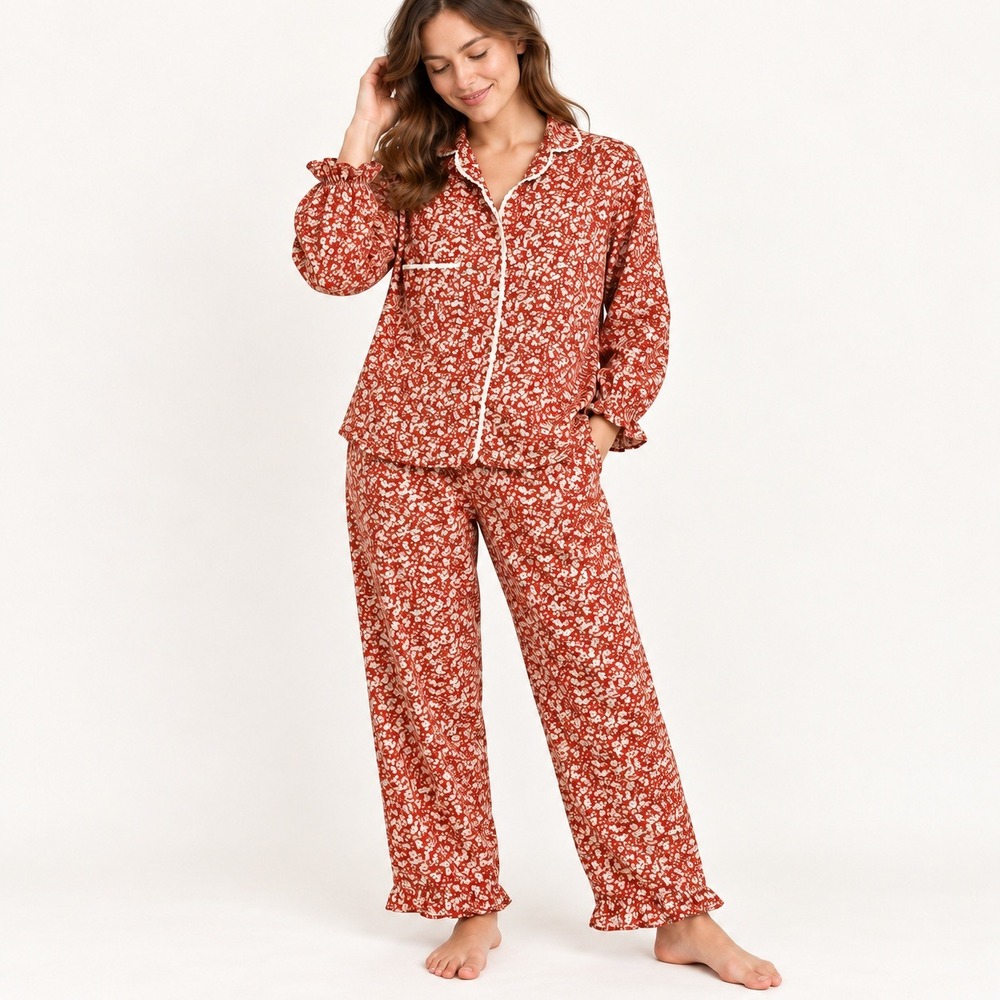 Ullala Pajama Set Cotton Floral Red Womens FREE Vintage Style Lace Trim Ruffle